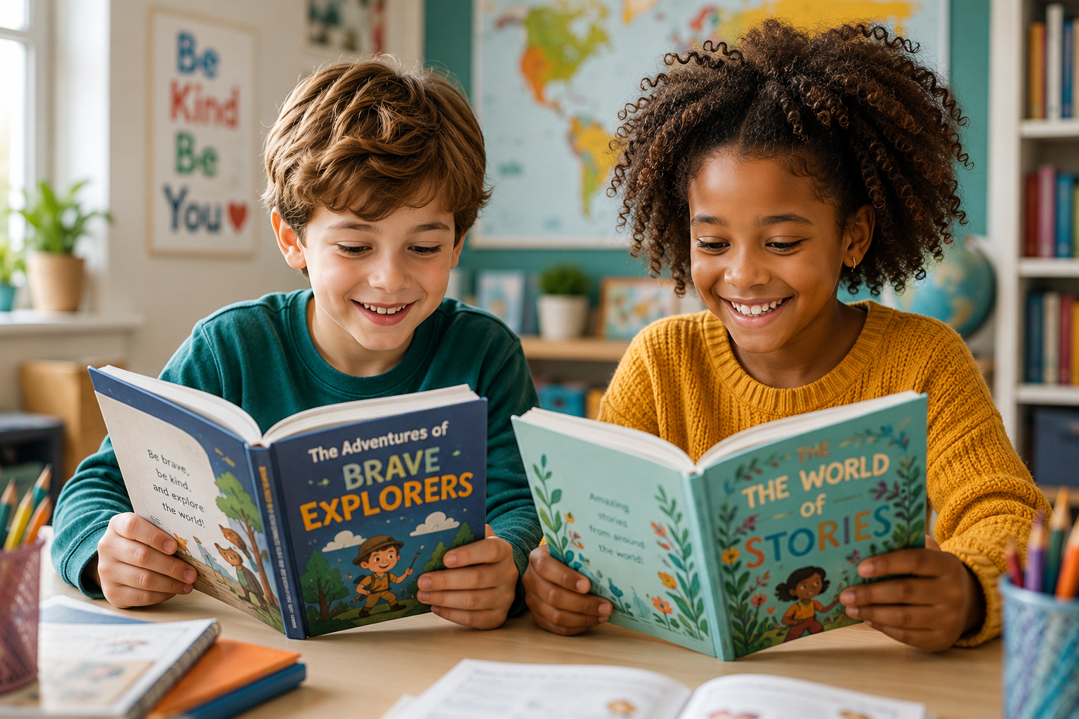 Two smiling children reading books together in a warm classroom